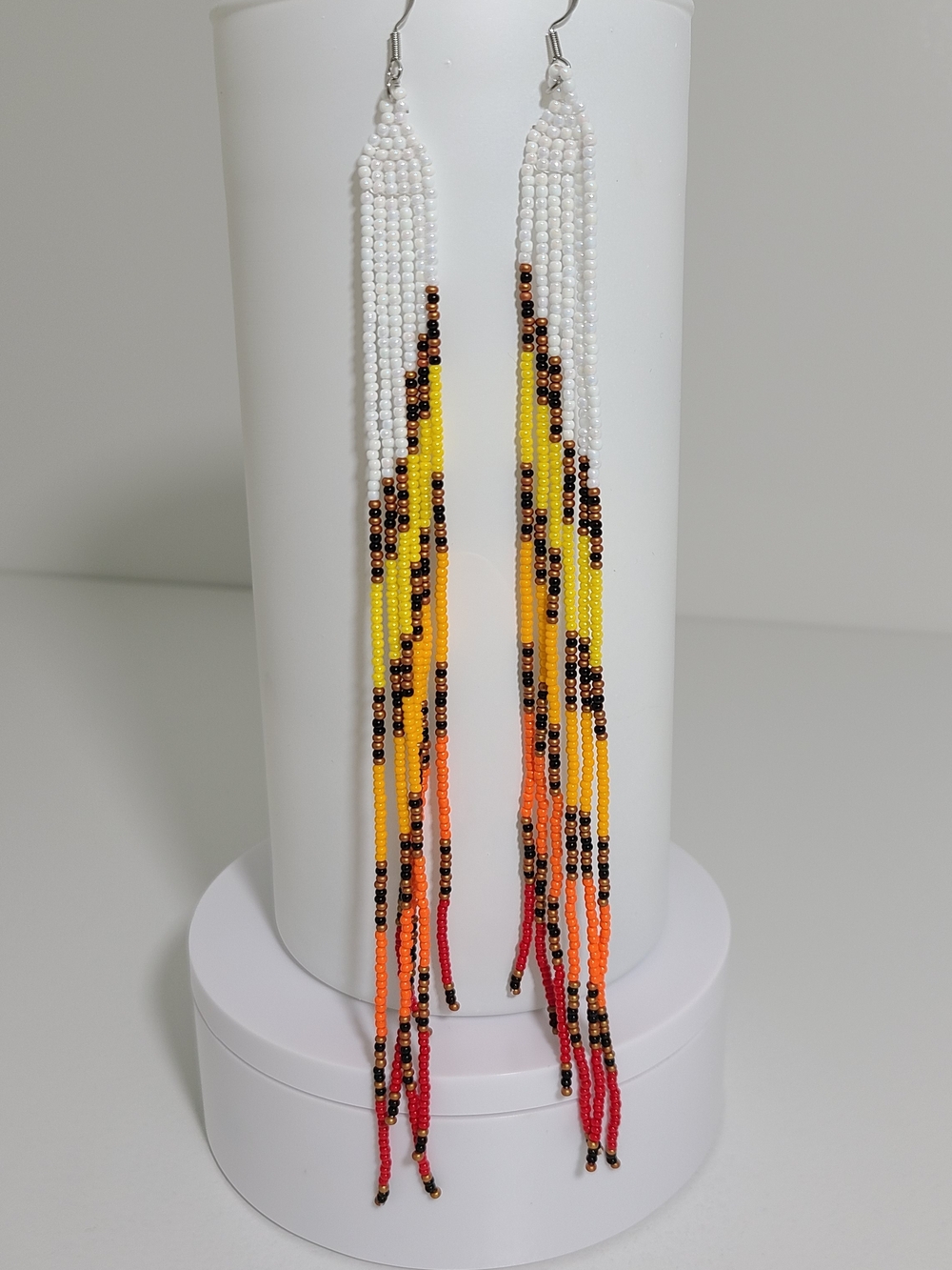 Handmade White, Yellow & Orange Beaded Fringe Earrings